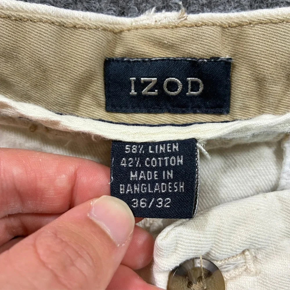 IZOD Mens Chino Pants Size 36x32 Beige‎ Cotton Linen Flat Front Mid Rise